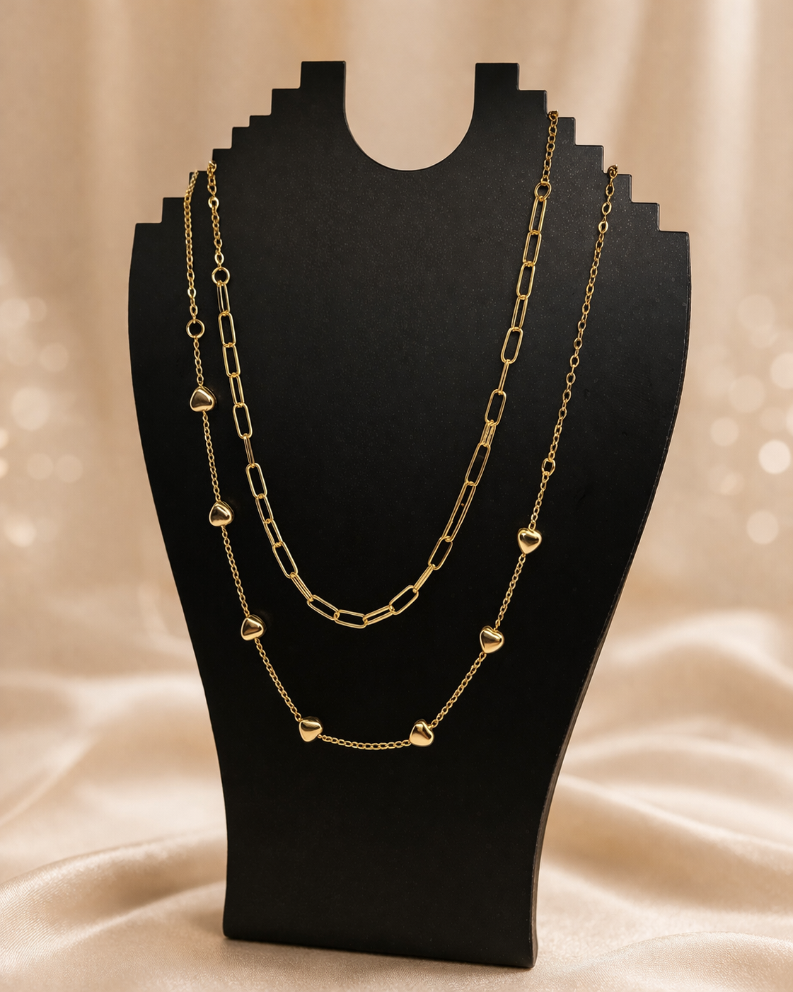 Colar duplo de elos com corações folheado a ouro 18k